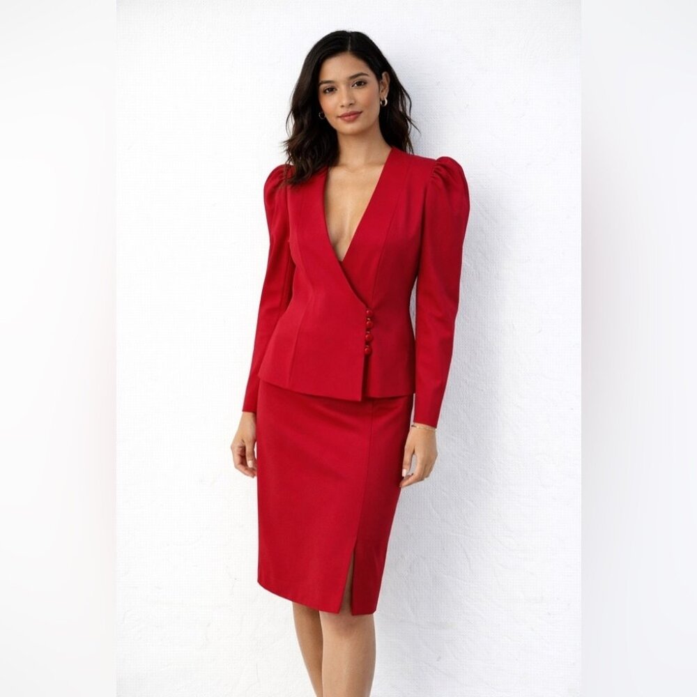 Vintage Frank Usher Red Office Core UK 38 Suit Skirt Set Blazer Pencil Skirt